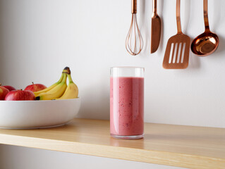A healthy pink fruit smoothie in a glass with bananas and apples