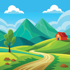 Fototapeta premium Cartoon Landscape Vector Illustration with Hills Trees and Sky Elements