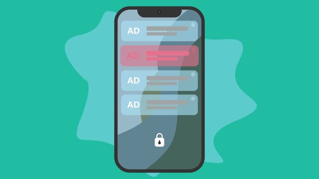 Scam Ad Alert Animation: Video of Lock Screen Ads with Fraud Warning. Showcases deceptive mobile ad with alert, ideal for cybersecurity education and tech visuals