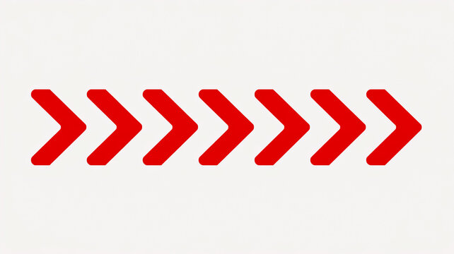 Minimalist graphic design featuring seven red chevron arrows aligned horizontally on a clean white background