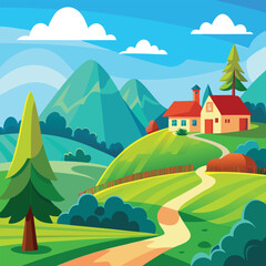 Obraz premium Cartoon Landscape Illustration with Rolling Hills Trees and a Bright Sky
