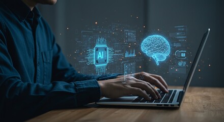 AI Development:  Person Typing on Laptop with Holographic Brain and Circuitry Overlay