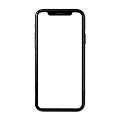 A clean modern black smartphone with a blank white screen centered on a white background