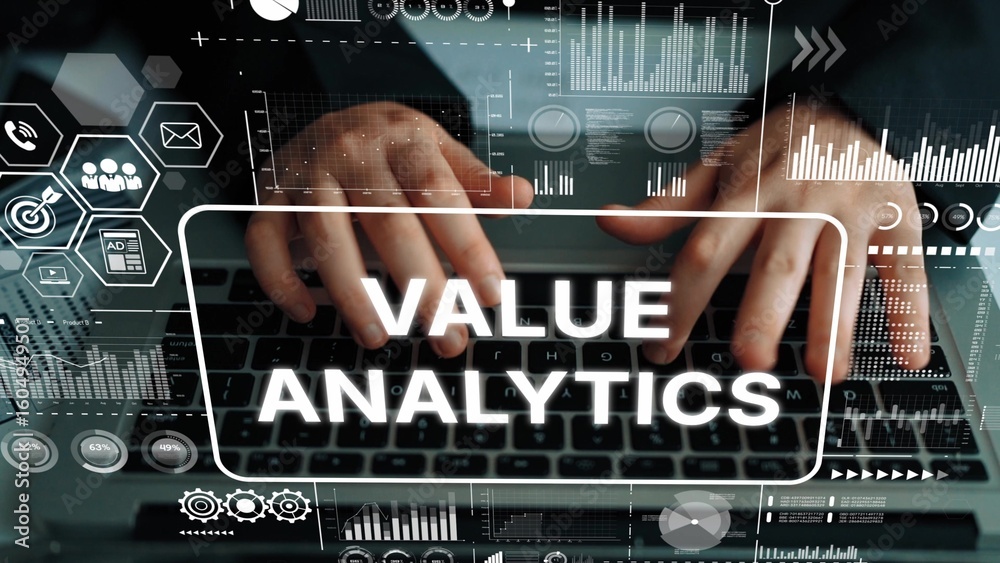Poster hands typing on laptop with overlay of value analytics data and graphs in a modern business environm