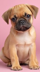 Obraz premium Adorable Small Pug Puppy Sitting Gracefully Against A Soft Pink Backdrop