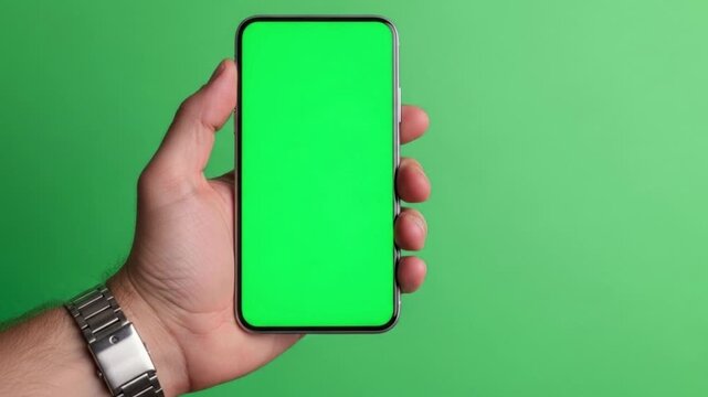 Human's hand shows mobile smartphone with green screen in vertical position isolated on white background
