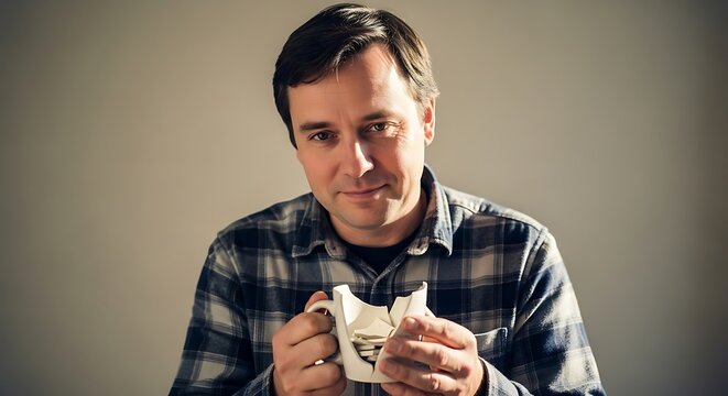 A man holds a broken ceramic mug.