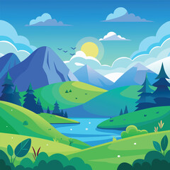 Fototapeta premium Scenic Mountain Landscape with Lake Trees and Clouds in Cartoon Style