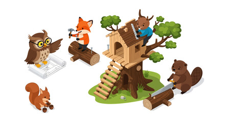 Fototapeta premium Adorable Forest Animals Building a Treehouse