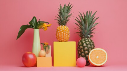 Colorful tropical fruits arranged on pink background for summer healthy food and nutrition concept