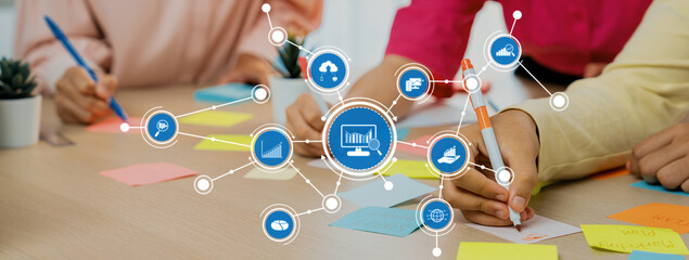 A vibrant collaborative workspace featuring colorful sticky notes and digital icons representing analytics and business strategy insights. Ideal for teamwork and innovation. Amity
