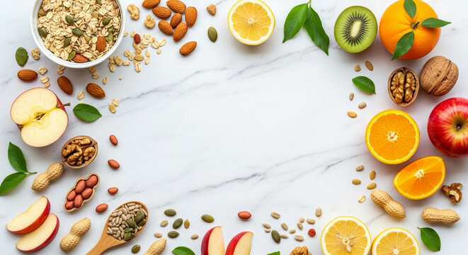 Various healthy foods including fruits, nuts, oats, and seeds are arranged on a white marble background with empty space in the center.