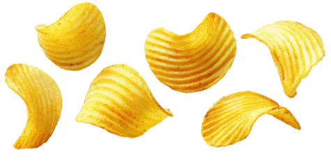 Crisp, golden potato chips, arranged