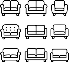 Couch sofa furniture icons black and white line collection 
