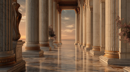 Majestic Roman palace at dawn with towering columns and reflections  