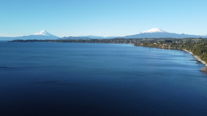 Summer Aerial Shot of Puerto Varas and Volcanoes in Chilean Lake District