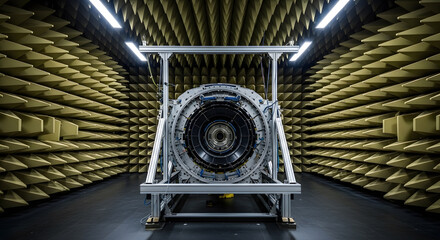 A large, complex metallic component, possibly an engine part or sensor, mounted on a frame within an anechoic chamber designed for testing.
