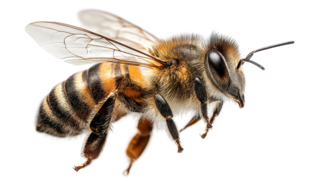 Bee in flight nature setting macro photography. Isolated on transparent background, png.