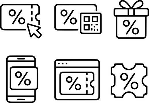 Promo Code Discount Voucher Coupon Line Icons Set 