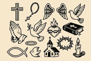 Religious symbols: cross, dove, praying hands, bible, church, crown, candle