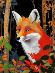 Fox with bright orange fur surrounded by autumn foliage in forest  