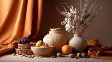 Still life with pottery bowls and dried branches against orange textile background for rustic aesthetic theme