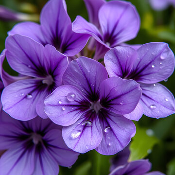A cluster of purple flowers delicately covered in droplets of morning dew. Vivid purple petals are accented with lighter tones and darker veins, creating dramatic contrast.