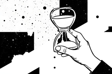 Time's Gentle Embrace: A monochrome artistic expression shows a hand delicately holding an hourglass, with a stark sky dotted with abstract cosmic elements, symbolizing the fleeting nature of time.