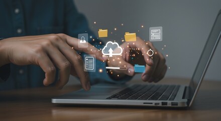 Cloud Data Upload: Person's Hands Interacting with Digital Files and a Cloud Icon on Laptop