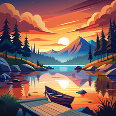 Scenic Lake Landscape at Sunset with Boat and Mountain Views