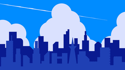青空と雲が広がる中に浮かび上がる現代都市のスカイラインのシルエット
