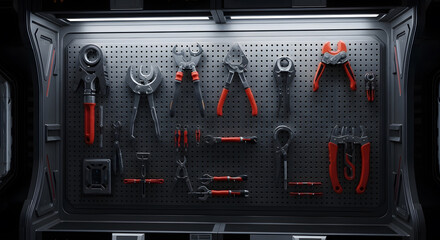 A set of futuristic red and black hand tools neatly organized on a pegboard wall in a modern workshop.