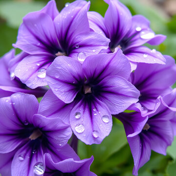 A cluster of purple flowers delicately covered in droplets of morning dew. Vivid purple petals are accented with lighter tones and darker veins, creating dramatic contrast.