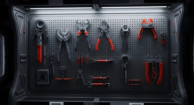 A set of futuristic red and black hand tools neatly organized on a pegboard wall in a modern workshop.