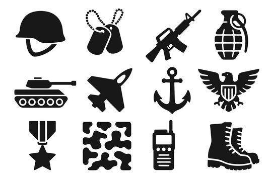 Military icons set: helmet, dog tags, rifle, grenade, tank, jet, anchor, eagle, medal, camouflage, radio, boots