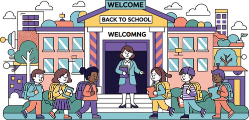 Obraz premium Vector art of a cartoon illustration of students and a teacher in front of a school building, welcoming everyone back to school