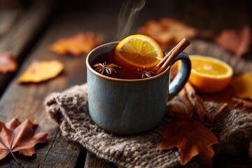 Autumnal spiced tea in a mug, surrounded by fall leaves and fruit