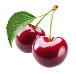 Two ripe red cherries with green stems and leaf isolated on a transparent background