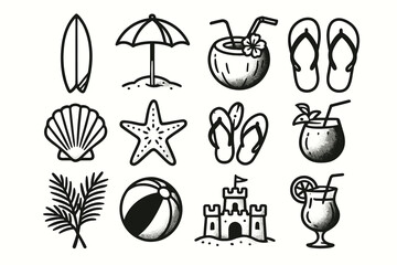 Summer beach icons: surfboard, flip-flops, coconut drink, sandcastle, shell, and more
