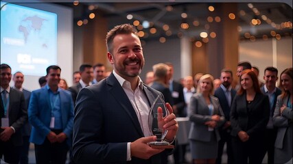 Corporate employee receiving award and celebrating at a rewards and recognition event