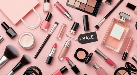 Various makeup products and accessories are arranged on a pink background, centered around a "SALE" tag.