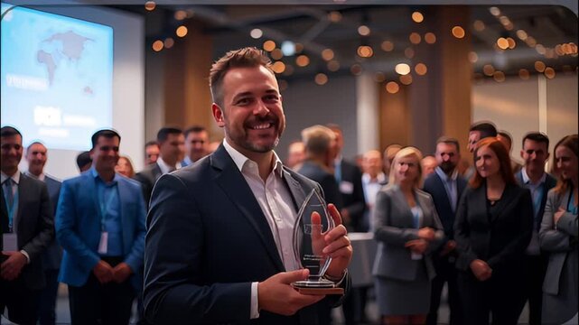 Corporate employee receiving award and celebrating at a rewards and recognition event