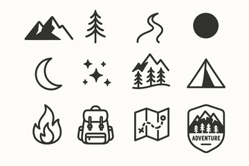 Outdoor adventure icons set featuring mountains, trees, tent, moon, stars, backpack, map, campfire