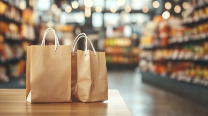 Brown paper shopping bags on table with supermarket aisle background for retail purchase concept image