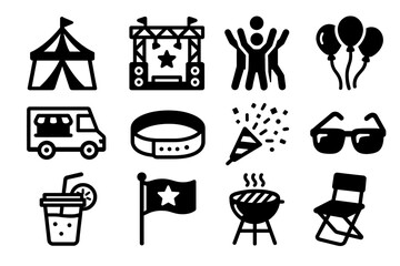 Festival icons: tent, stage, crowd, balloons, food truck, wristband, confetti, sunglasses, drink, flag, bbq, chair
