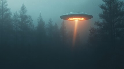 Large, glowing orange ufo hovering silently over a misty forest at night, casting an eerie light on the trees while a starry sky adds to the mysterious atmosphere