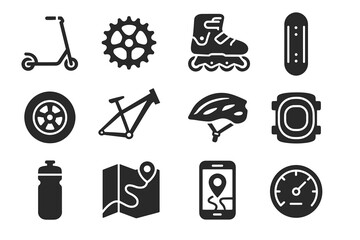 Icons of urban transport and cycling gear: scooter, rollerblade, skateboard, helmet