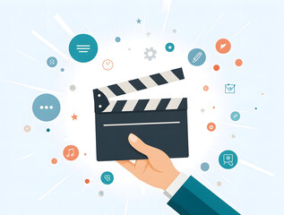 Film Production in Focus: A hand delicately holds a classic film clapperboard, surrounded by an array of modern communication, symbolizing the fusion of traditional cinema with innovative media