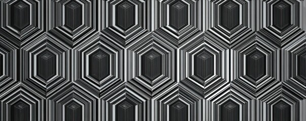 Abstract futuristic geometric pattern with metallic hexagons in an elegant 3D relief. Dark silver industrial wall panel background.