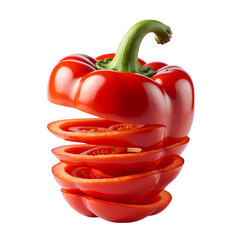 A sliced red bell pepper with a green stem isolated on transparent background